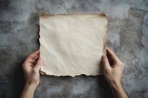 Hands Holding a Piece of Aged Paper with Burned Edges photo