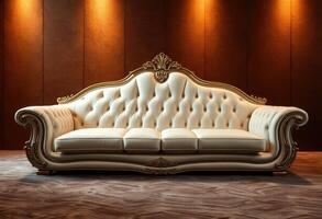 Ornate Gold-Trimmed White Leather Sofa in a Room with Warm Lighting photo
