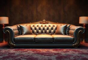 Luxurious Black Leather Sofa with Golden Accents and Lamps photo