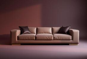 Modern Brown Leather Sofa with Black Pillows in a Minimalist Setting photo