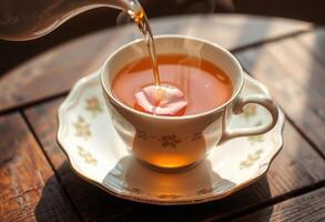 Pouring Tea into a Cup with a Rose Petal photo