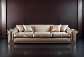 Beige Leather Sofa with Studs Against a Dark Wall photo