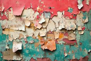Peeling Paint Reveals Multicolored Layers on a Weathered Surface photo