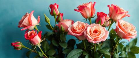 A Bouquet of Pink and White Roses with Green Foliage Against a Light Blue Background photo