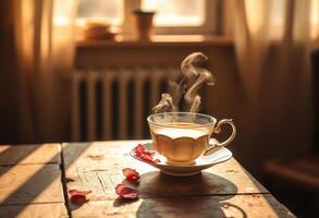 A steaming cup of tea on a wooden table with rose petals photo