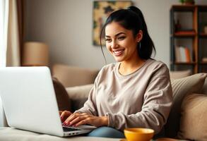 Smiling Woman Using Laptop on a Couch photo
