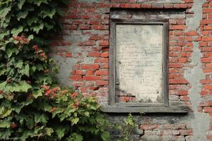 Weathered Brick Wall with Window and Vines photo