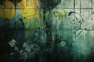 Abstract Green and Yellow Paint Splatters on Concrete Wall photo