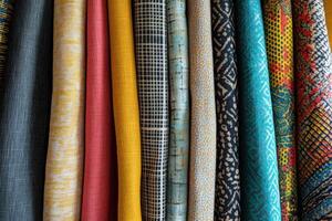 A Row of Rolled Fabric with Different Patterns and Colors photo