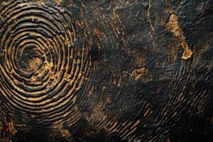 Close-up of a Carved Wooden Surface with Circular and Linear Patterns photo