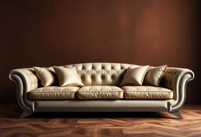 Gold Leather Sofa with Tufted Backrest and Decorative Trim photo