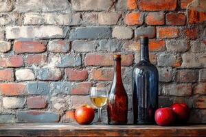 Still Life with Wine Bottles, Glass, and Apples on Wooden Shelf Against Brick Wall photo
