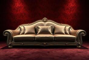 Ornate Gold Sofa with Pillows Against Red Background photo