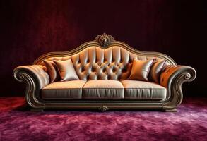 Ornate Gold and Ivory Couch with Cushions on a Burgundy Carpet photo