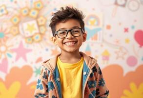 Portrait of a Smiling Young Boy Wearing Glasses and a Floral Jacket photo