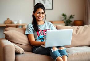 Smiling Woman Using Laptop While Sitting On Couch photo