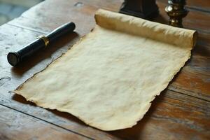Old Parchment Paper Unrolled on Wooden Table photo