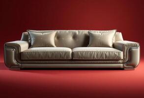 Beige Leather Sofa with Chrome Accents Against a Red Background photo