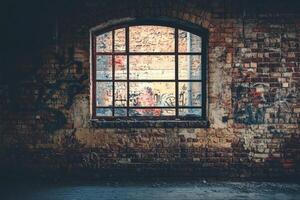 Arched Window in a Weathered Brick Wall photo