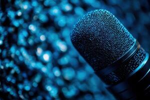 Close-Up of a Blue Microphone with a Bokeh Background photo