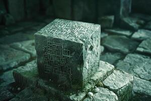 An Ancient Stone Cube with Carved Maze Pattern photo