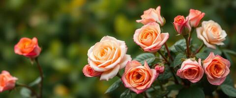 Peach-Colored Roses Blooming on a Green Bush photo