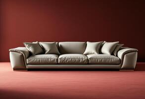 White Leather Sofa with Pillows Against a Red Wall photo
