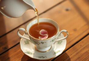 Pouring Tea into a Floral-Decorated Cup with Rose Petals photo