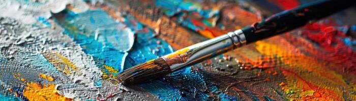 Colorful Abstract Oil Painting with Brush Closeup photo