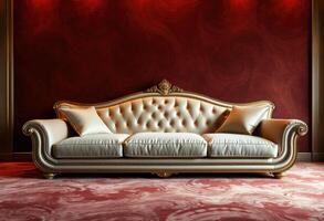 Elegant Gold and White Sofa in a Red Room photo