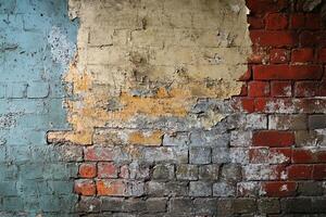 Weathered Brick Wall with Peeling Paint and Multicolored Patches photo