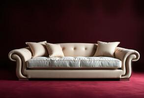 Off-White Leather Sofa with Pillows on Red Carpet photo