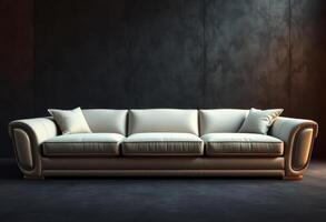White Leather Sofa with Gold Trim in Front of a Dark Wall photo