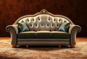 Ornate White and Gold Upholstered Sofa with Green Pillows photo