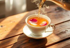 Tea with Rose Petals Poured into White Cup on Wooden Table photo