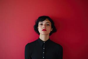 Portrait of a Woman with Red Lipstick Against a Red Background photo