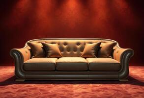 Luxurious Leather Sofa with Cushions in a Red Room photo