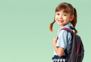 Smiling Schoolgirl with Backpack on Green Background photo