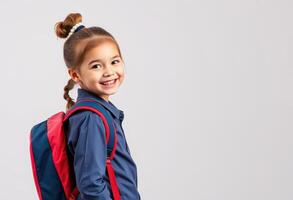 Smiling Girl with Red and Blue Backpack photo