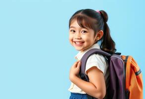 Smiling Schoolgirl with Backpack on Blue Background photo