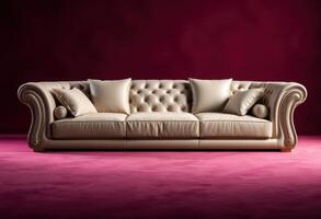 White Leather Sofa with Tufted Backrest and Gold Accents photo