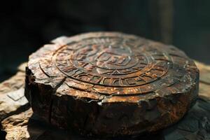 A weathered circular stone with intricate carvings resting on a bed of dark textured rocks photo
