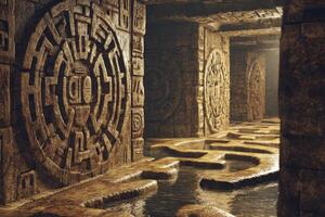 Ancient Stone Corridor with Water and Intricate Carvings photo