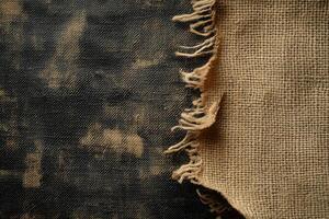 Close-up of a Frayed Burlap Fabric Edge Against a Dark Textured Background photo