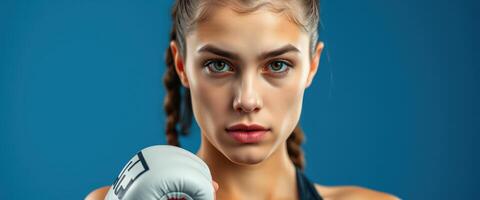 Close-up Portrait of a Determined Female Boxer Holding a White Boxing Glove photo