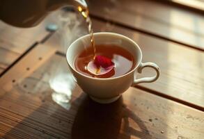 Pouring Tea with a Rose Petal into a White Cup photo