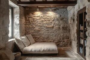 Stone Wall Room with Window, Couch, and Bookshelf photo
