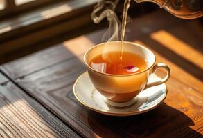 Tea Pouring into Cup with Steam and Petal photo