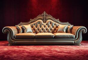 Ornate Gold Leather Sofa with Pillows on Red Carpet photo