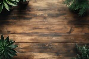 Rustic Wooden Background with Greenery Border photo
